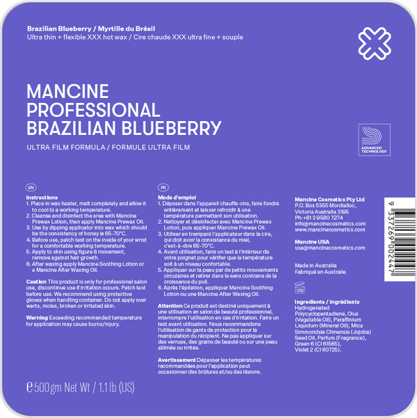 Mancine Professional Ultra Film Hot Wax / Brazilian Blueberry 500g NEW