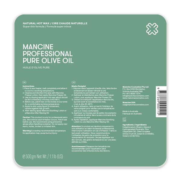 Mancine Professional Natural Hot Wax / Pure Olive Oil 500g