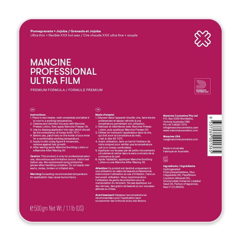 Mancine Professional Ultra Film Hot Wax: Pomegranate + Jojoba 500g